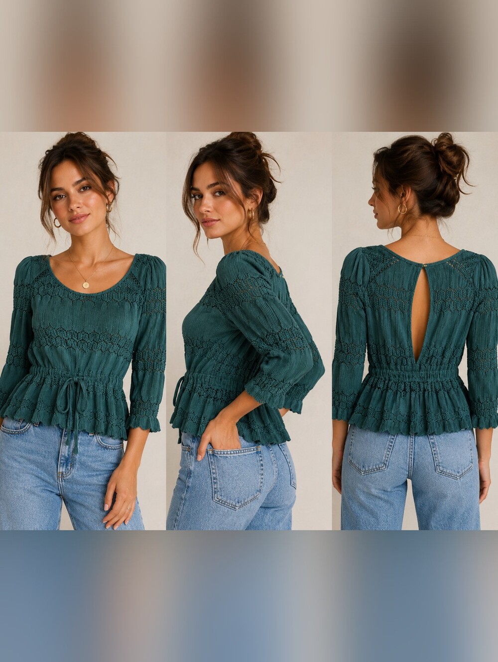 Free People Textured Crochet Boho Top XS Green Peplum Festival Blouse